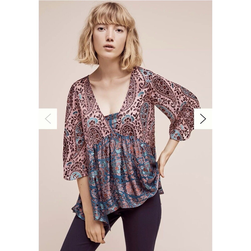 Anthropologie Floreat Valo Burnout Velvet Top Size Large Silk Boho Peasant